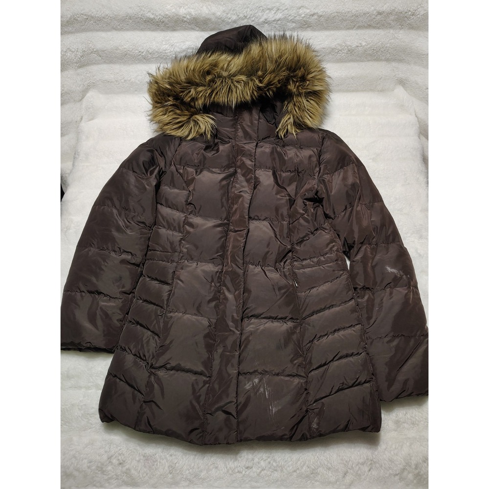 Women's Calvin Klein Down Puff Coat Warm Jacket Size S Brown Fur Trim Hood